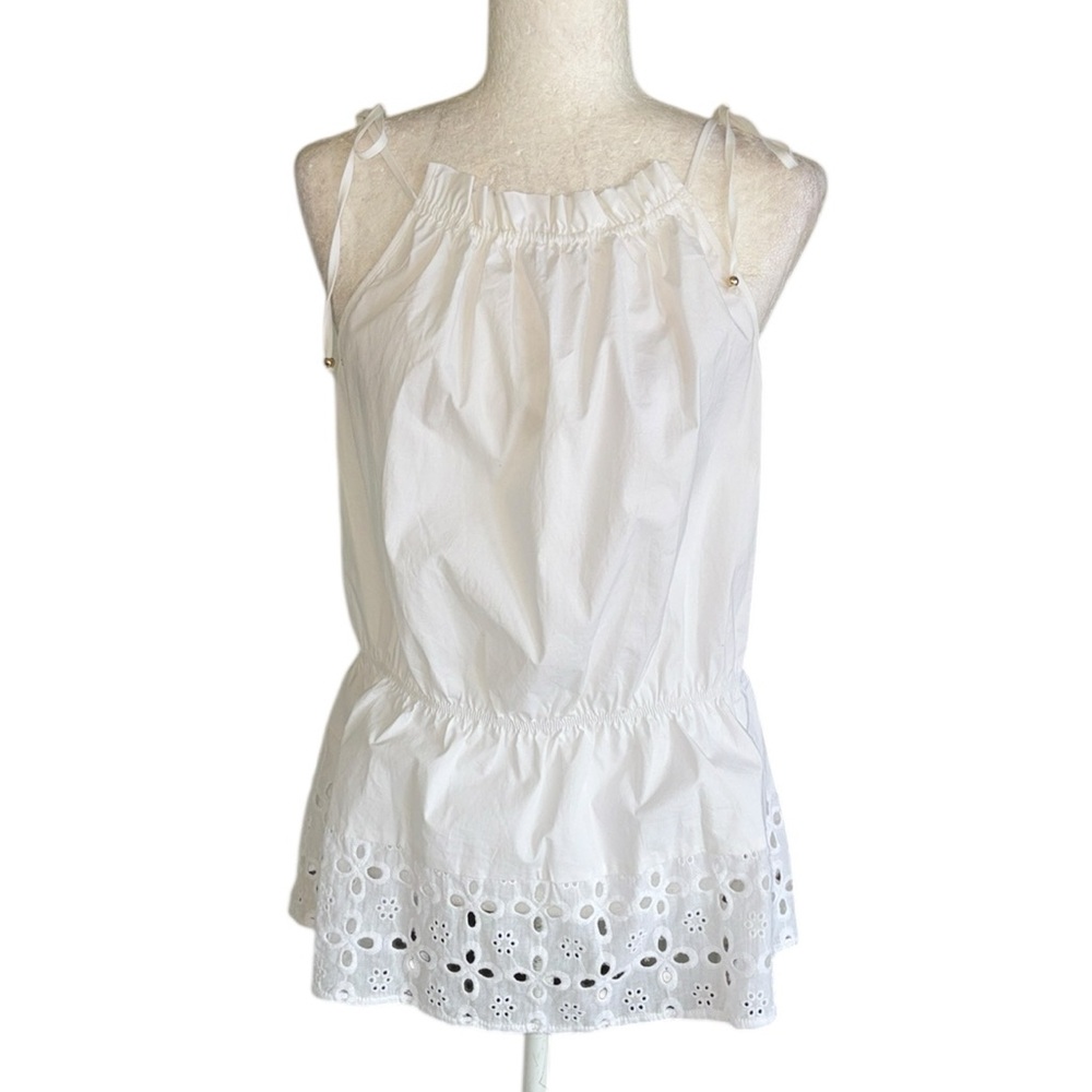 NWT Halston White Eyelet Bow Tie Shoulder Peplum Tank Top - L